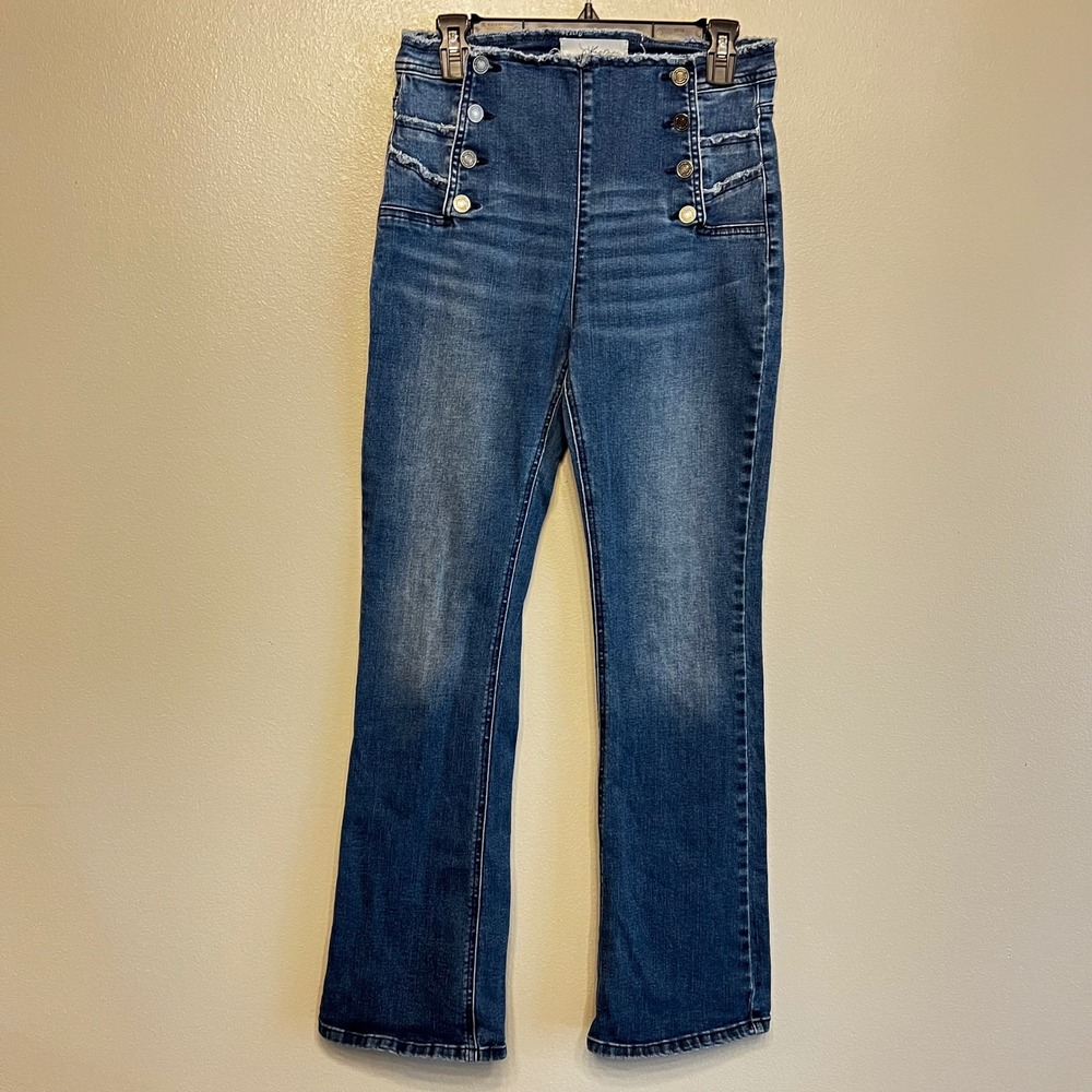 KanCan High Rise Sailor Flare Jeans Medium Wash Distressed Raw Hem KC6295M 11/29